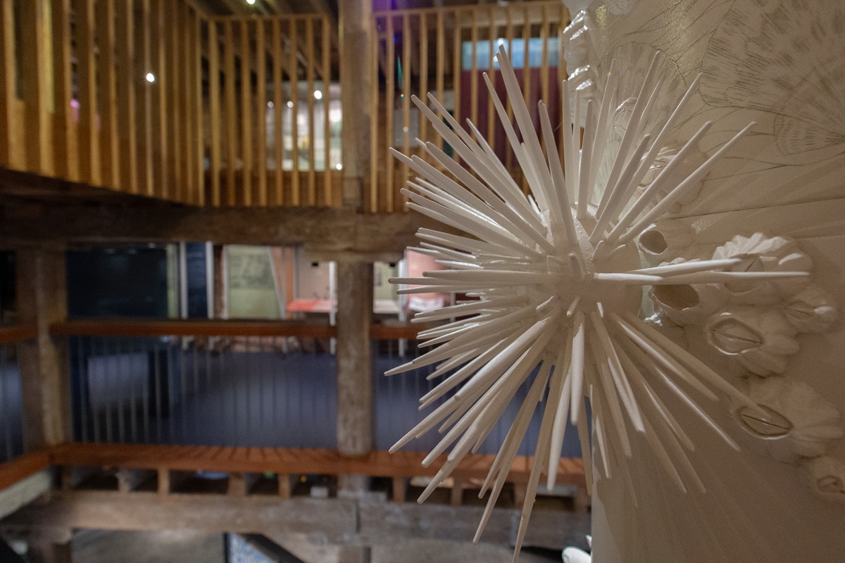A close up of a A sea urchin model on the Abeona structure with different floor levels in the background